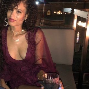 Burgundy ruffled romper with flare mesh sleeves